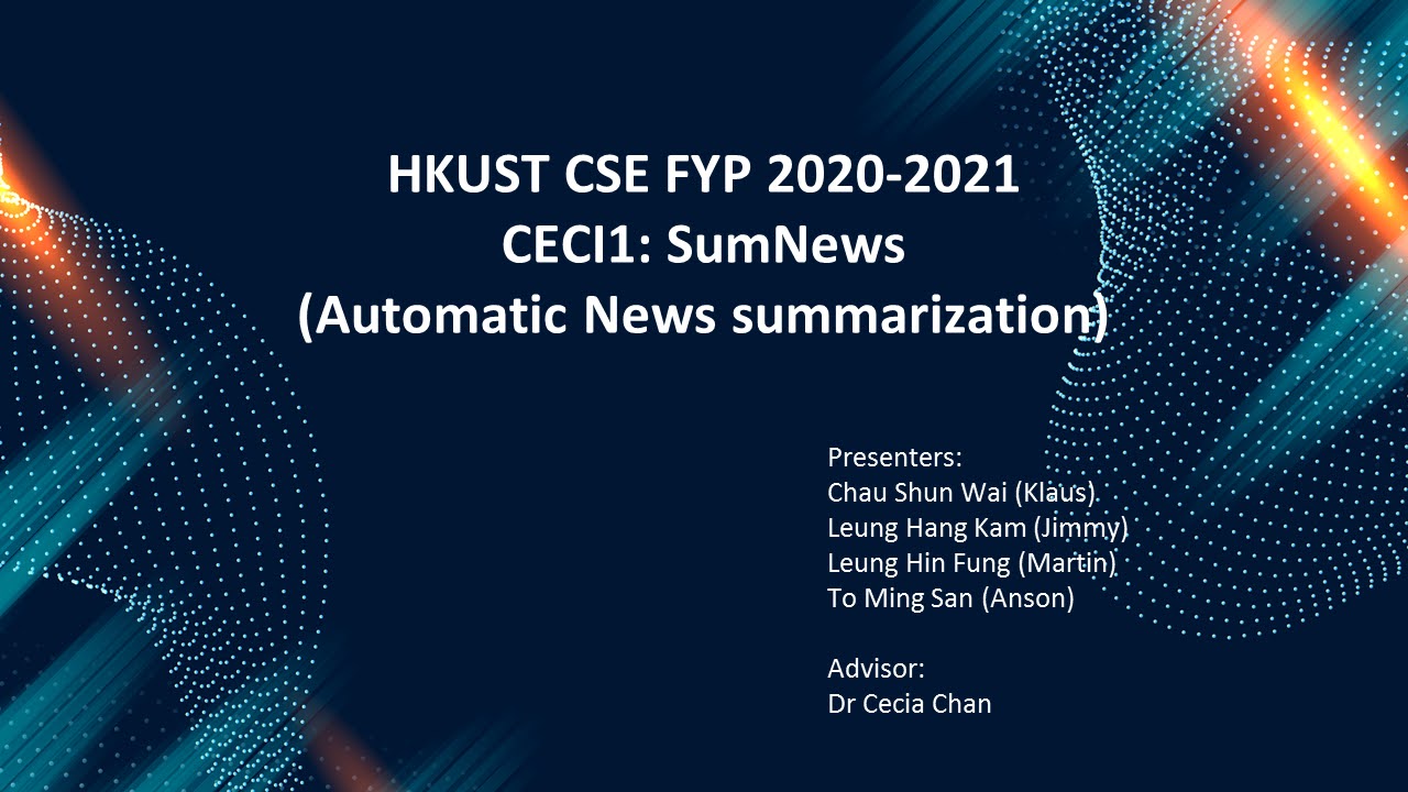 Screenshot showing the first slide of the SumNews presentation